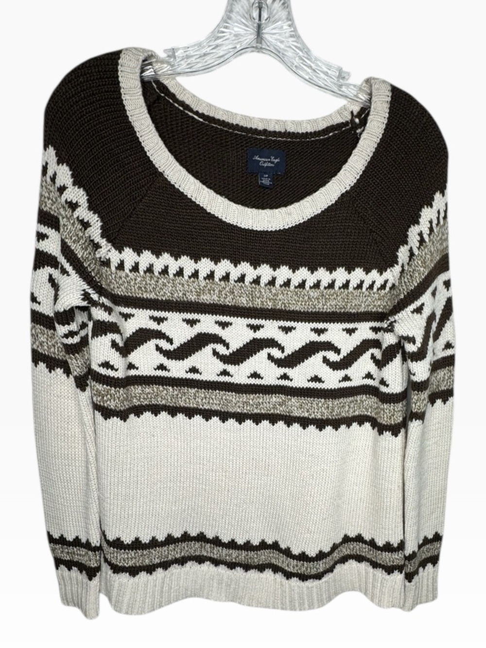 American Eagle Outfitters Cream and Brown Patterned Crewneck Sweater size:SP